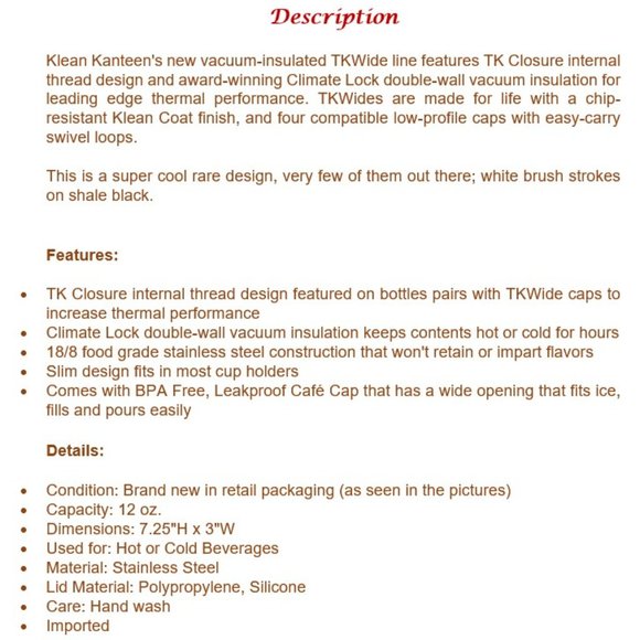 ⛔️SOLD⛔️ KLEAN KANTEEN TKWide 12 oz. Water Bottle - Picture 11 of 11